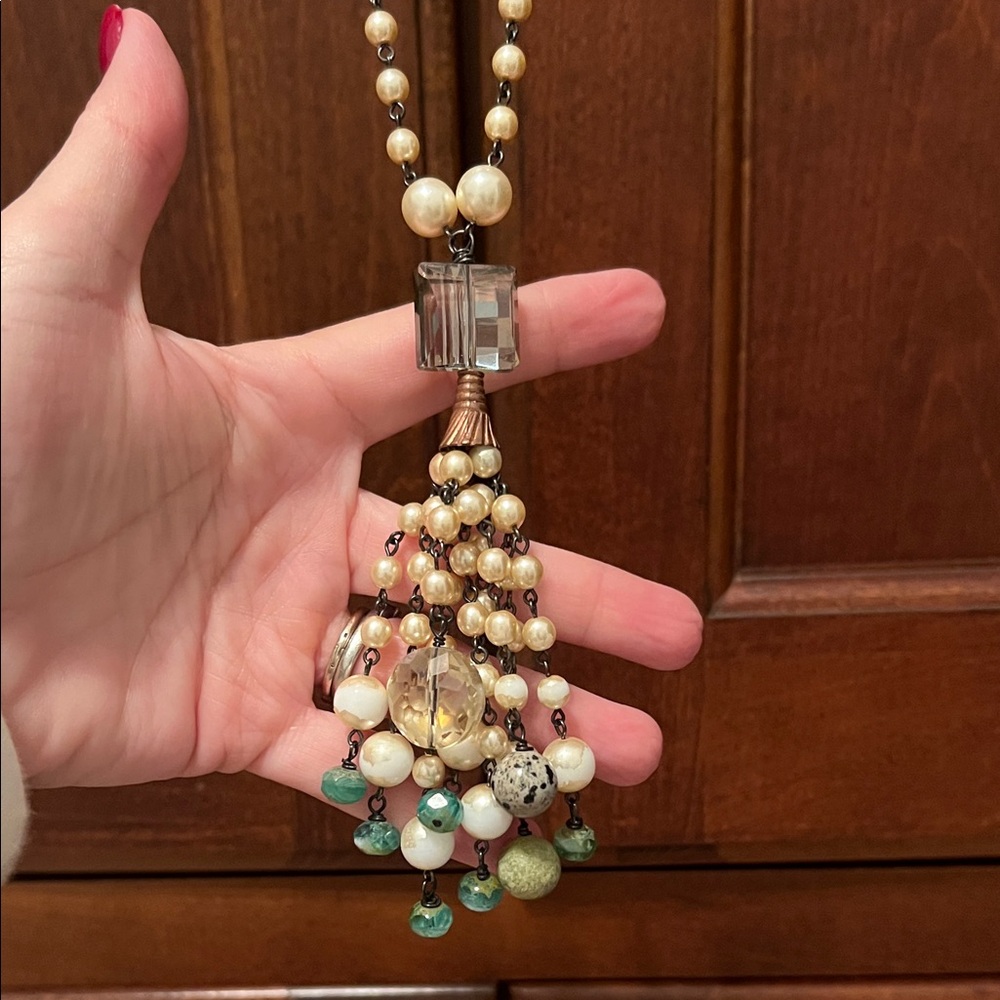 Multi-Bead Pearl and Crystal Tassel Necklace - Cream & Green